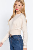 Women's Long Dolman Sleeve Crew Neck Waist Band Inner Fleece Terry Top