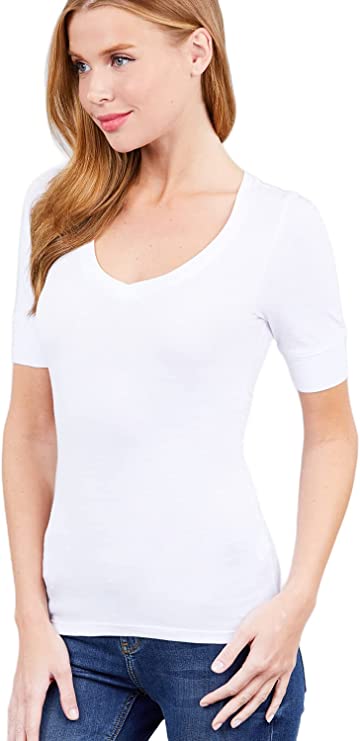Hollywood Star Fashion Women's Plain Basic Elbow Length Sleeves V Neck Top Fitted Shirt