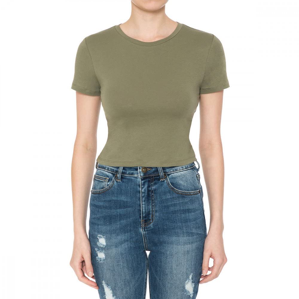 Khanomak Women's Crew Neck Short Sleeve Casual Summer Solid Workout Crop Tee