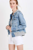 Khanomak Women's Denim Jean With Detachable Hoodie Terry Patch Jacket