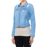 Women's Cropped Fit Distressed Stretch Denim Jacket with Button Front