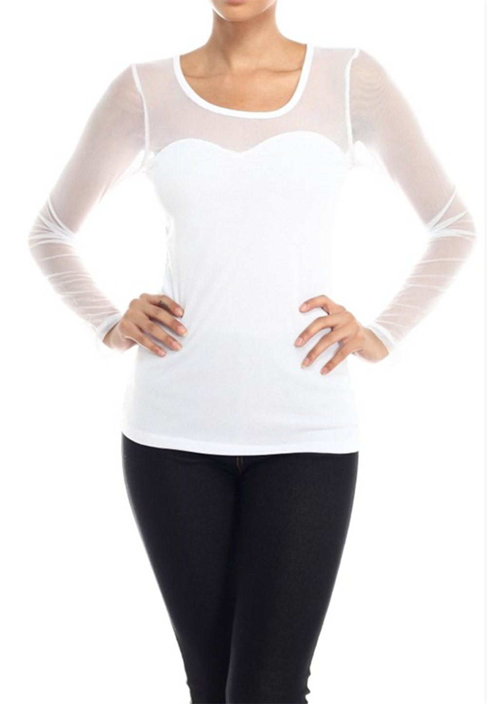 Long Sleeve Stretch Shirt Tank with Mesh Top Fitted Blouse One Size