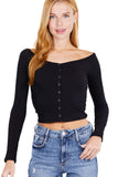 Women's Long Sleeve Off Shoulder Crop Top With Snap Button