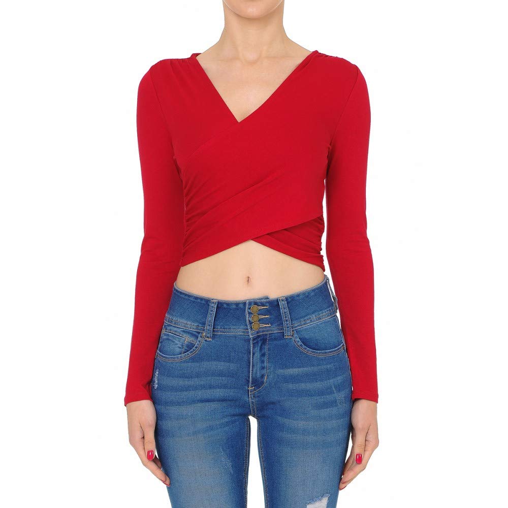 Women's V-NecK Wrap Front Long Sleeve Plunging Deep Red Crop Top Small