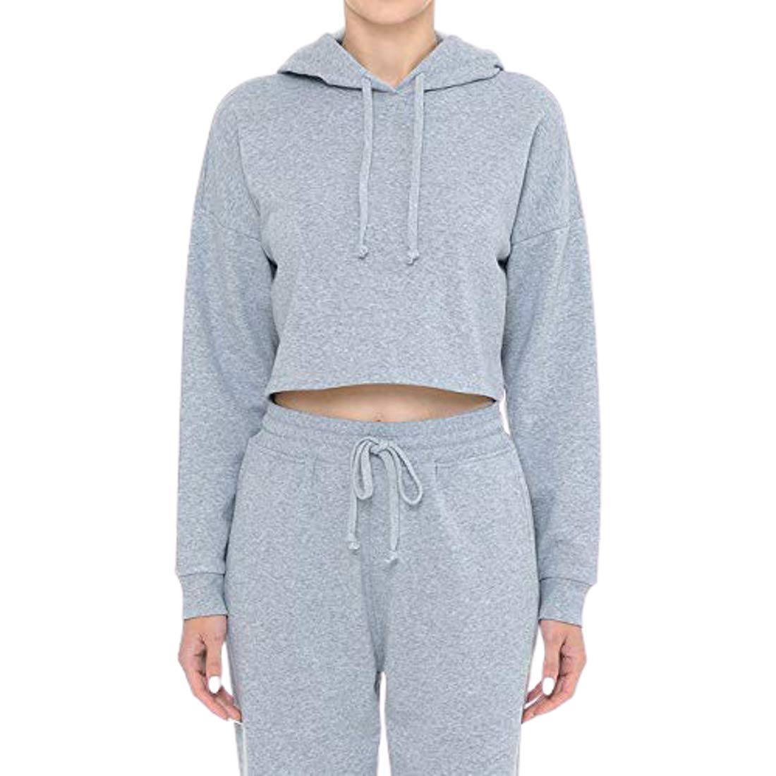 Women's Drawstring Cotton Blend Basic Cropped Fleece Pullover Hoodie
