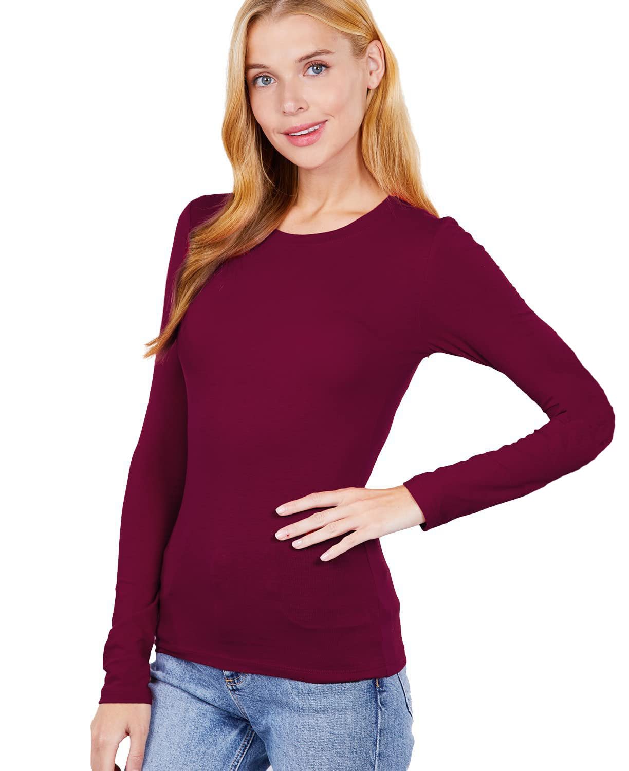 Khanomak Women's Long Sleeve Crew Cotton Spandex Jersey Top0