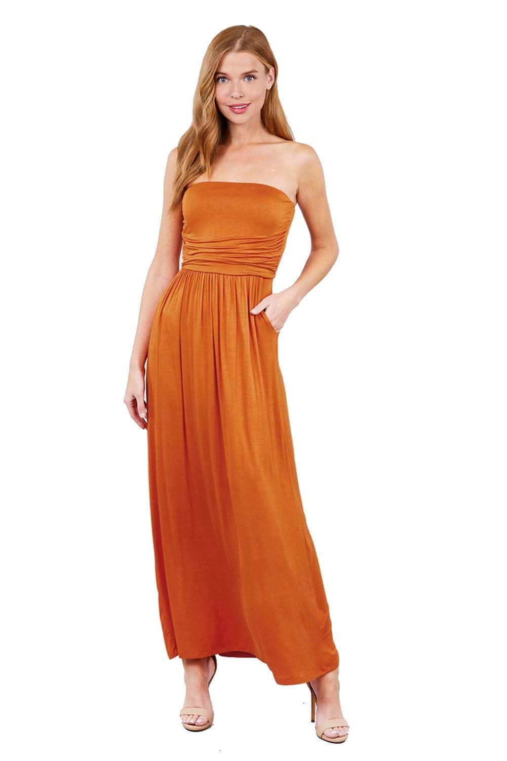 Women Strapless Off Shoulder Tube Sleeveless Long Casual Pocket Maxi Dress