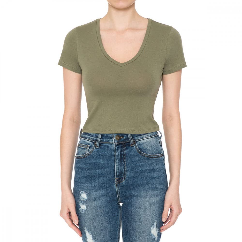 Women's Fitted V-Neck Crop Top Short Sleeve Cotton Stretch Tee Shirt