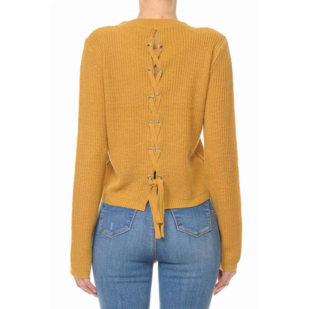 Khanomak Women's Back Lace-Up Raglan Long Sleeve Low-Gauge Sweater