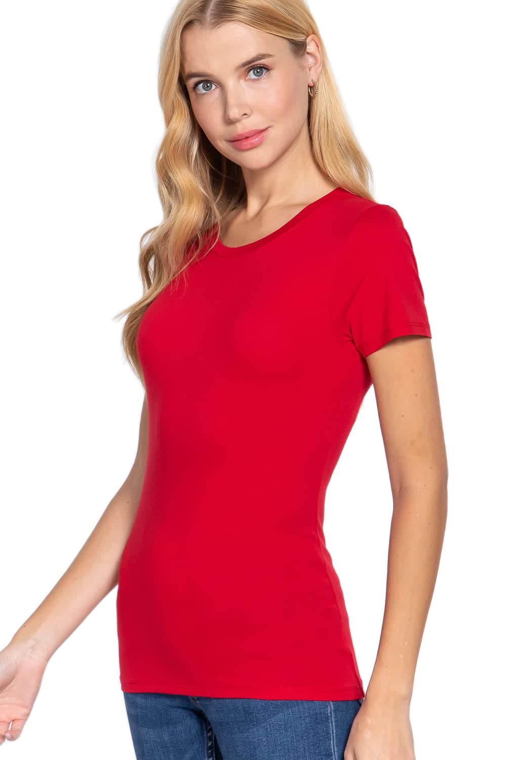 Khanomak Women's Short Sleeves Crew Neck Cotton Spandex Jersey Top