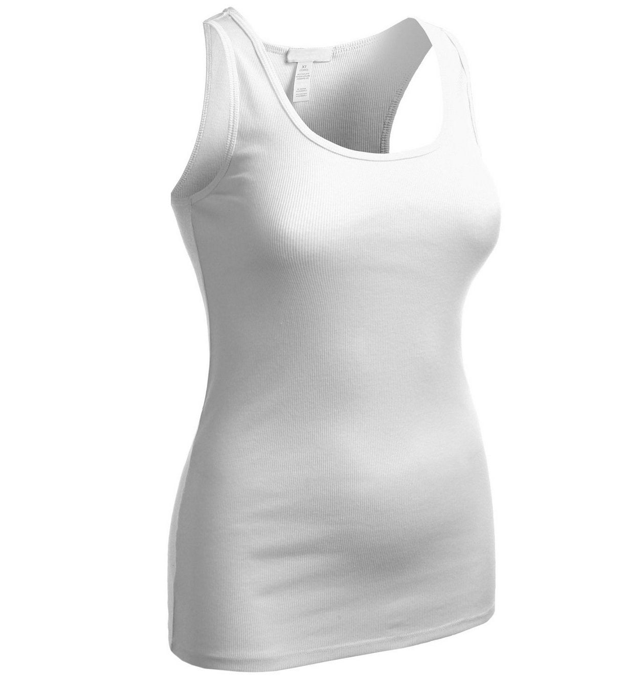Women's Long Ribbed Rib Racerback Tank Top Cotton Stretch Quality Tunic Basic (Large, White)
