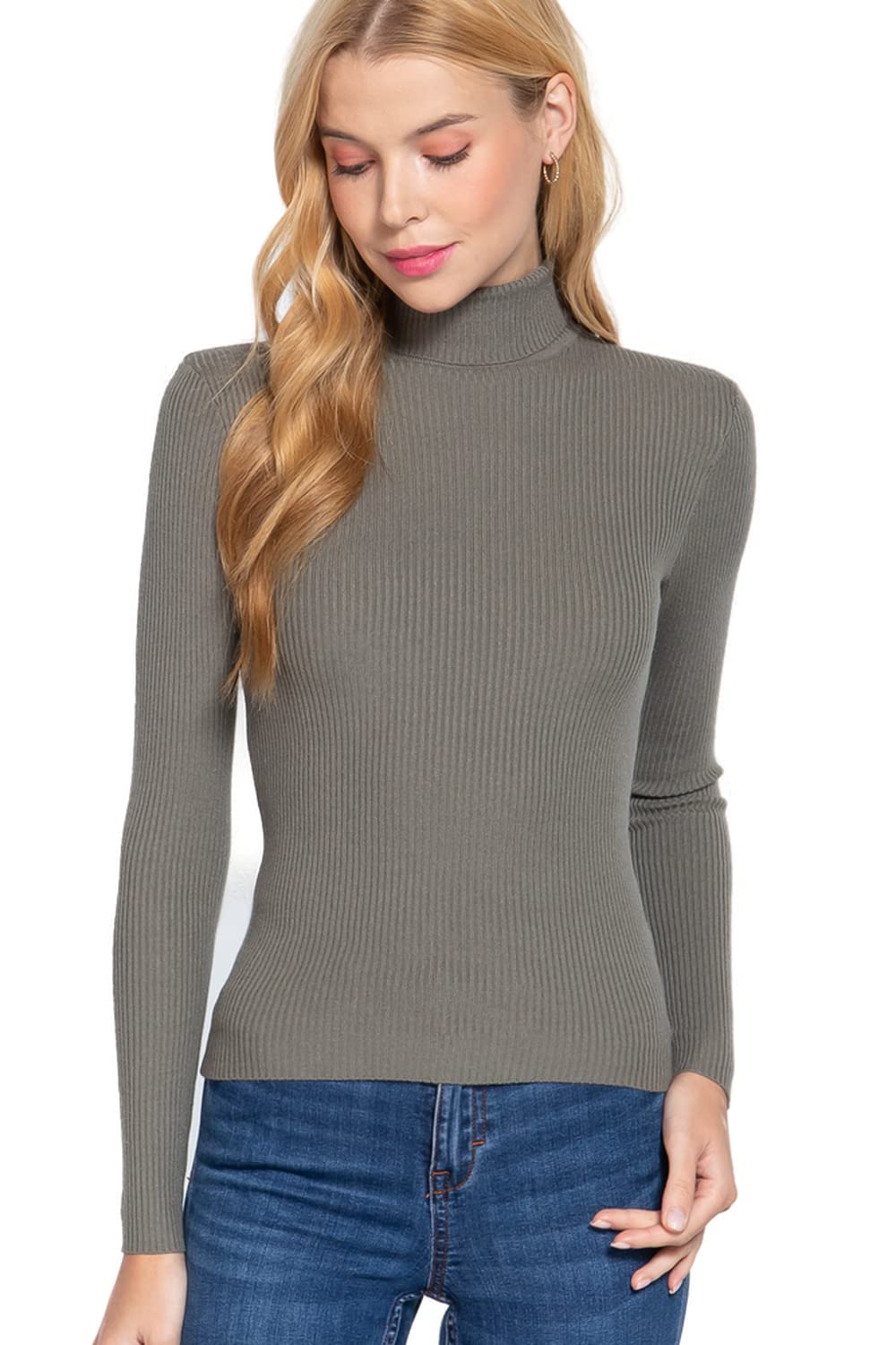 Women's Long Sleeve Turtle Neck Fitted Viscose Ribbed Sweater Cardigan