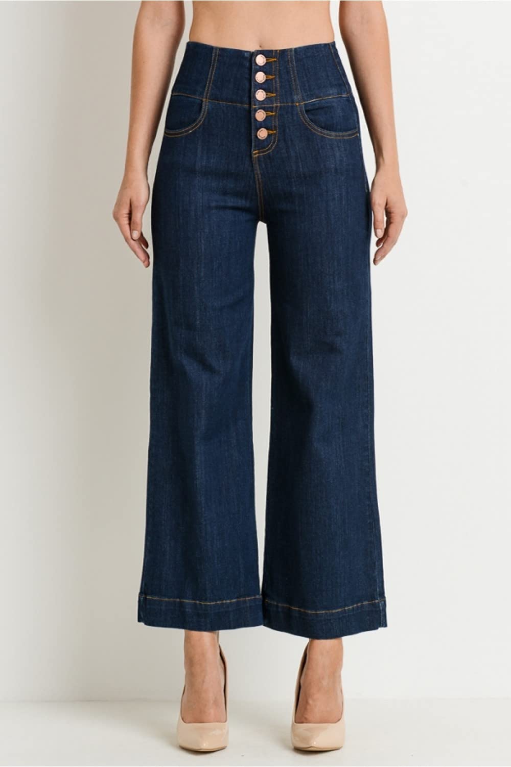 Women's High-Rise Waist 5 Button Front Wide Leg Denim Jean Vintage Culottes Pants