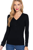 Women's V Neck Long Sleeves Henley Thermal Knit Top