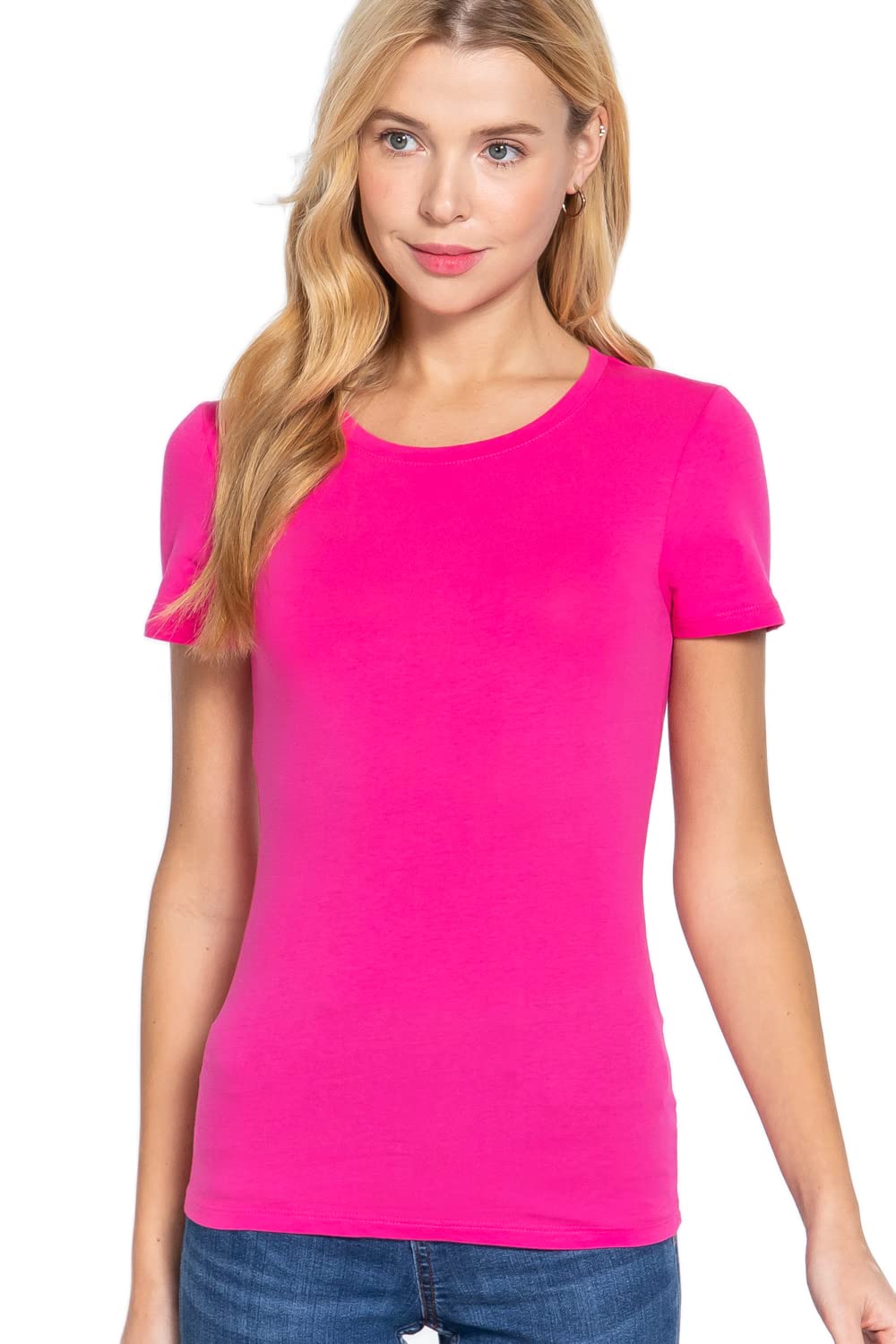 Khanomak Women's Short Sleeves Crew Neck Cotton Spandex Jersey Top