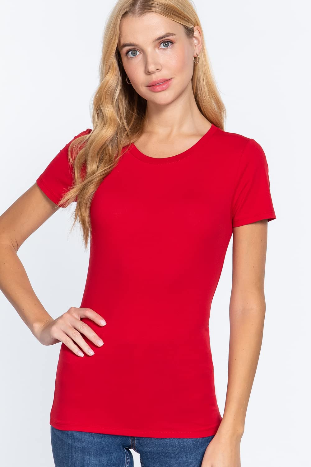 Khanomak Women's Short Sleeves Crew Neck Cotton Spandex Jersey Top