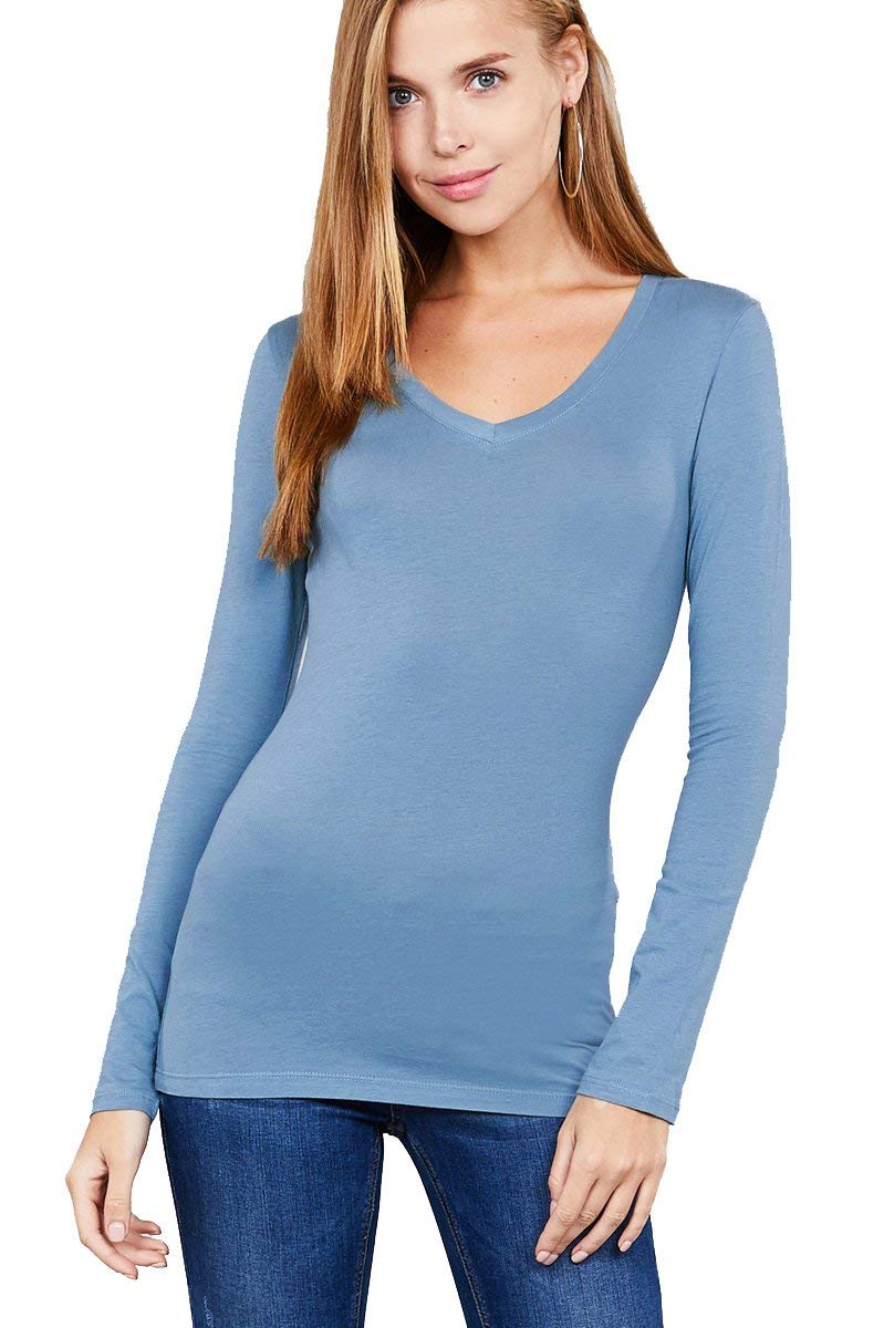Women's Basic Long Sleeve V Neck T-Shirt Cotton Tee Top