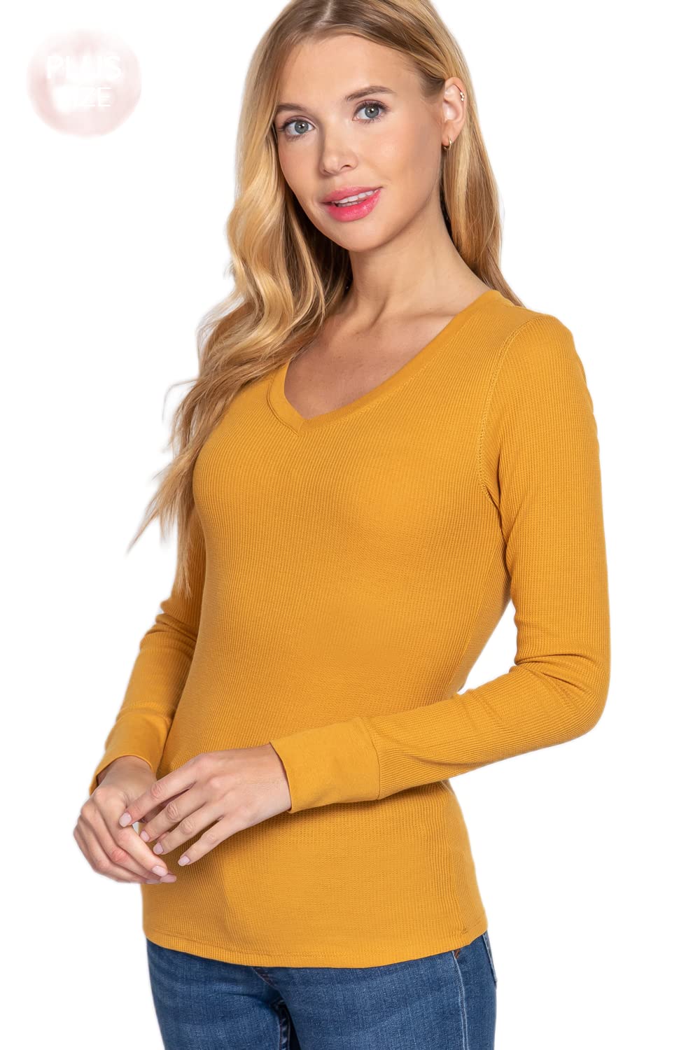 Cotton Blend Thermal V Neck Knit Top for Women Long Sleeves Khaki