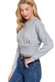 Women's Long Dolman Sleeve Crew Neck Waist Band Inner Fleece Terry Top