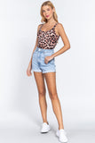 Women's Sleeveless Double Scoop Neck Leopard Print Rib Bodysuit