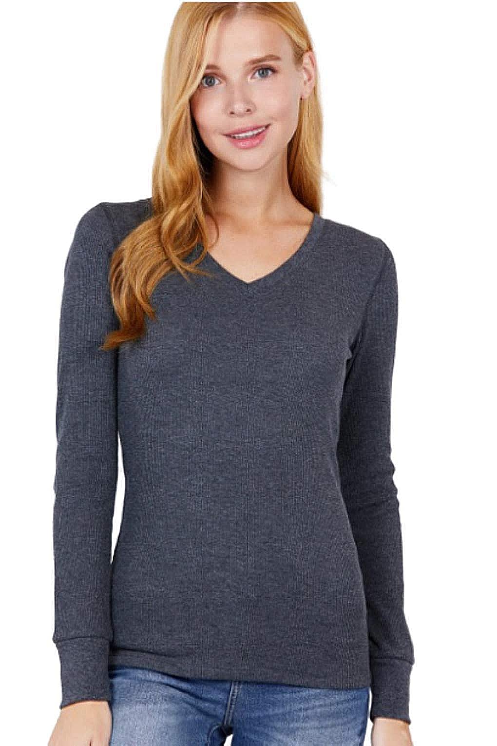 Cotton Blend Thermal V Neck Knit Top for Women Long Sleeves Khaki