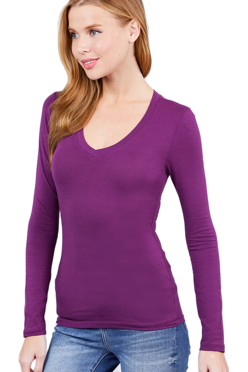 Plain V Neck Long Sleeve Tee T-Shirt