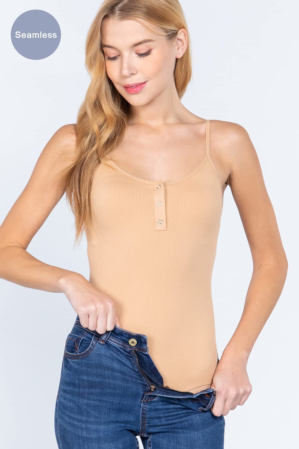Women's Women's Ribbed Seamless Buttoned Spaghetti Strapped Cami Bodysuit