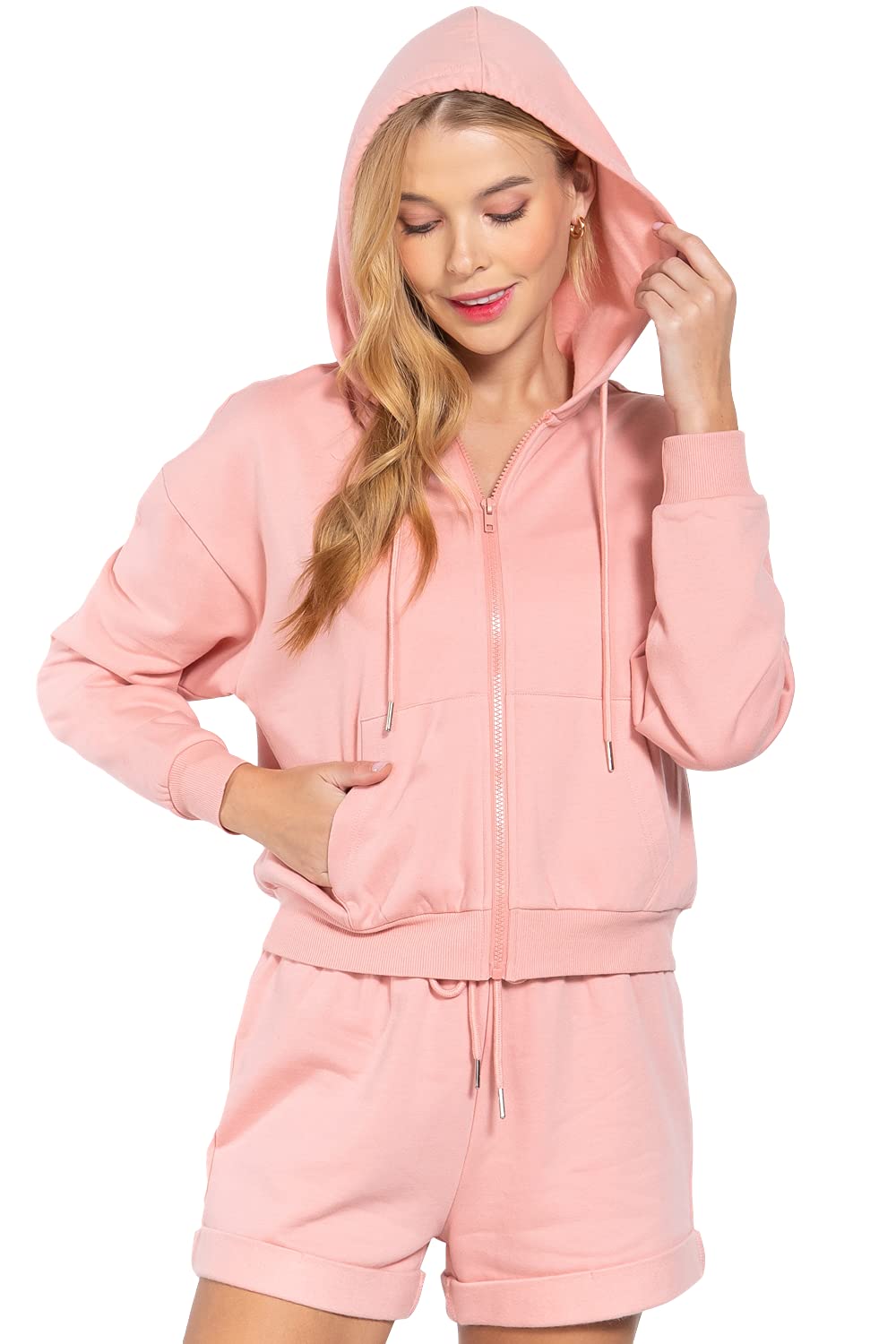 Women's Long Sleeve Inner Brushed French Terry Oversized Hoodie Zip Up Jacket