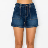 Women's Casual Elastic Finished Waist With Rigid Patch Pocket Denim jean Shorts