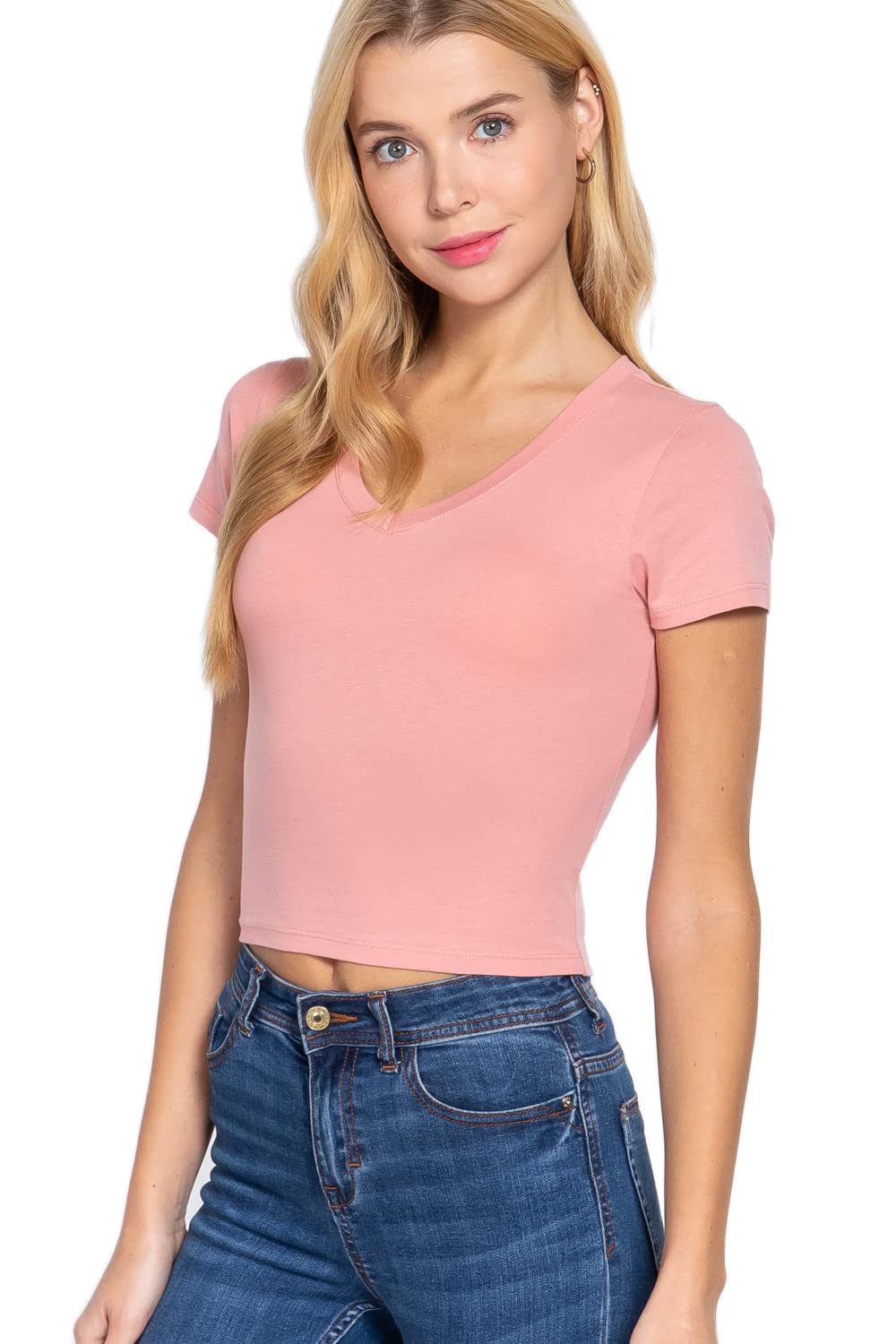 Khanomak Women's Cropped Basic Short Sleeve V Neck Top