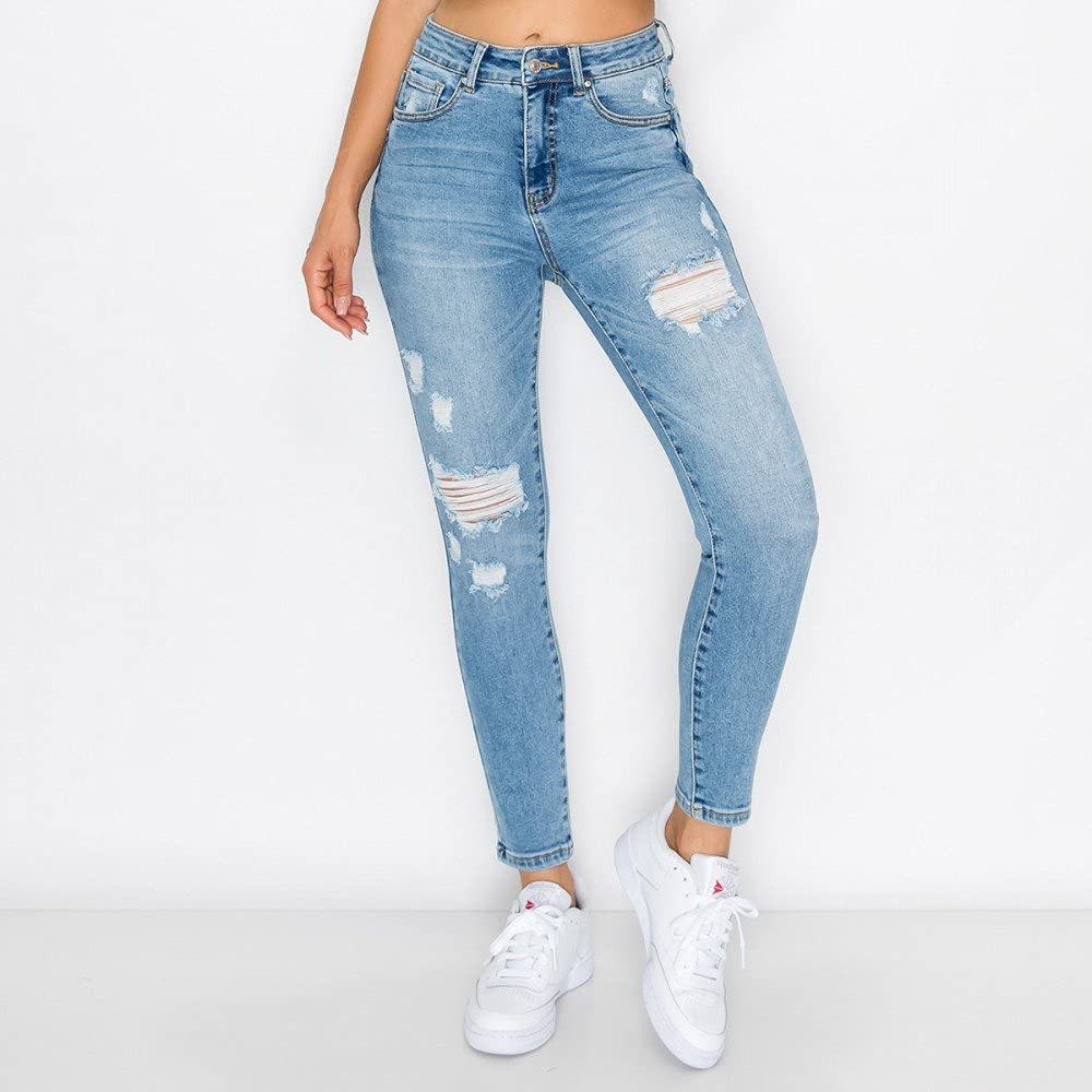 Womens- High Rise Authentic Distressed Denim Skinny Jeans
