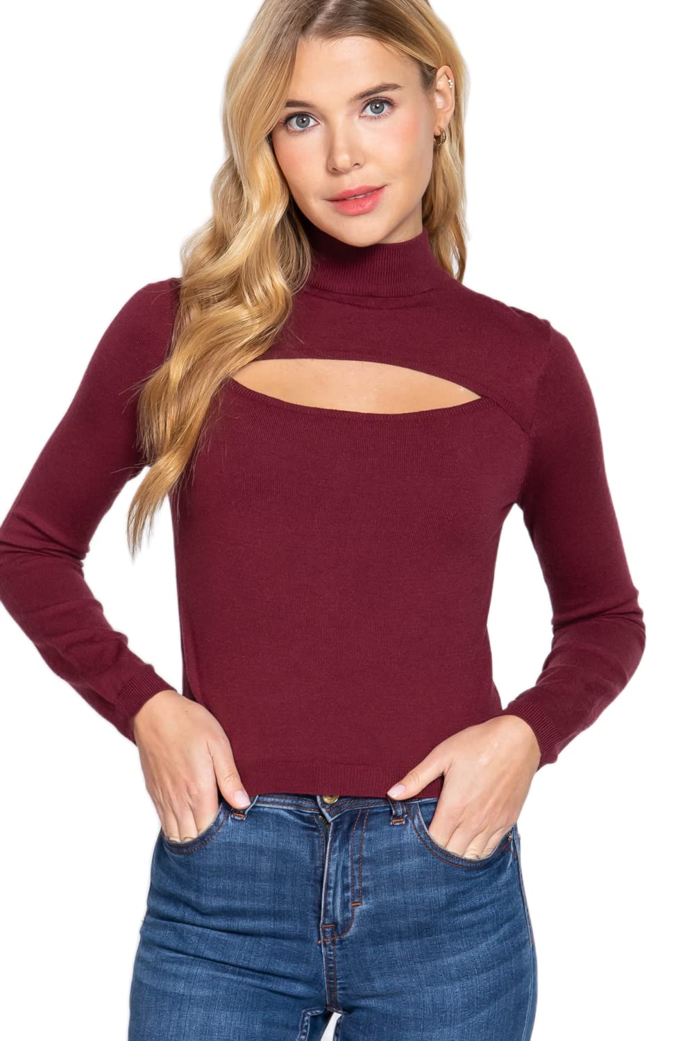 Women's Long Sleeves Mock Neck Front Cut Out Keyhole Sweater