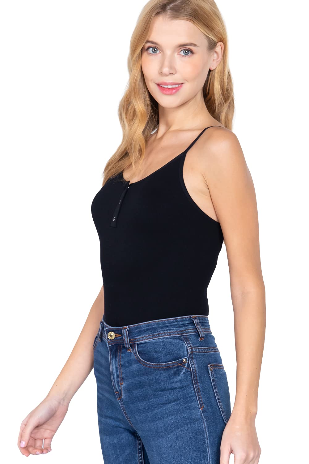 Khanomak Women's Ribbed Seamless Buttoned Spaghetti Strapped Cami Bodysuit