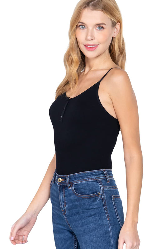 Khanomak Women's Ribbed Seamless Buttoned Spaghetti Strapped Cami Bodysuit