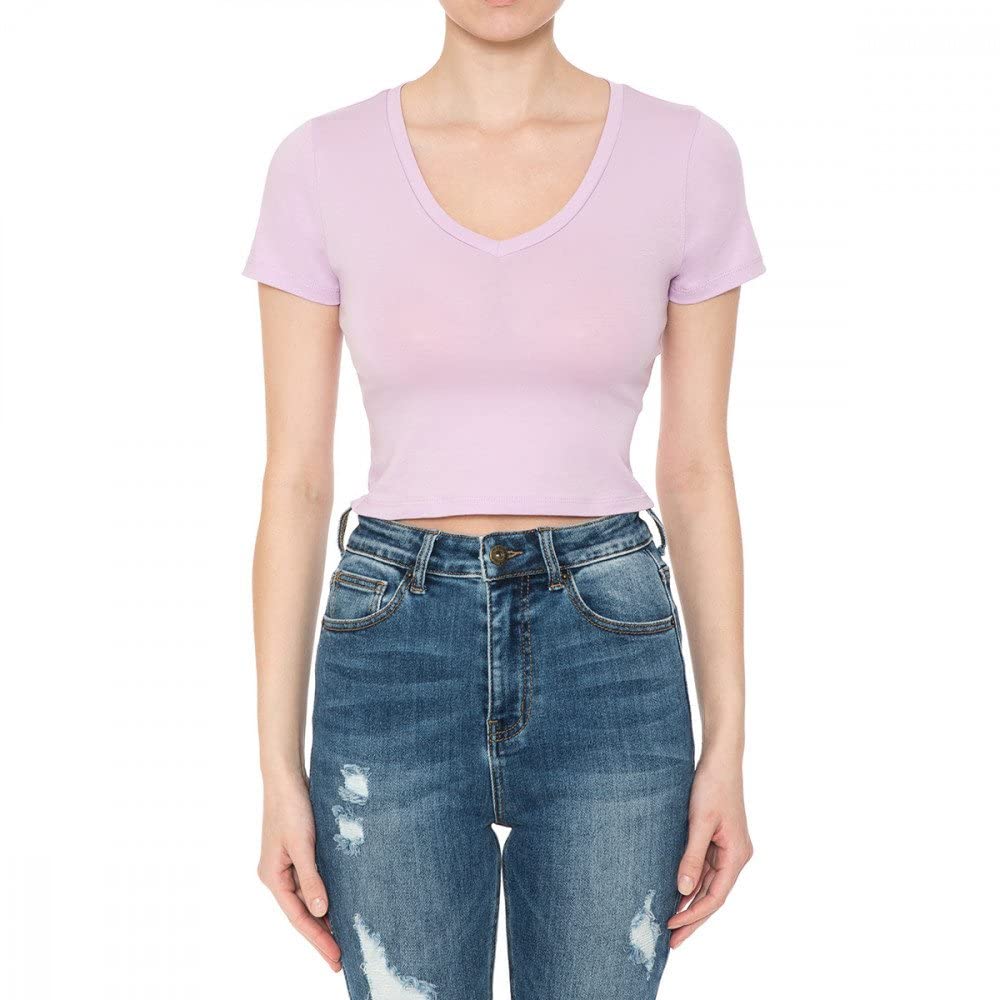 Women's Fitted V-Neck Crop Top Short Sleeve Cotton Stretch Tee Shirt