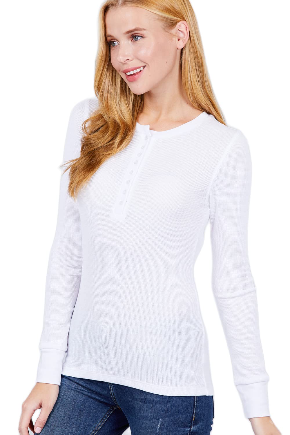 Women's Round Neck Long Sleeves Henley Thermal Knit Top
