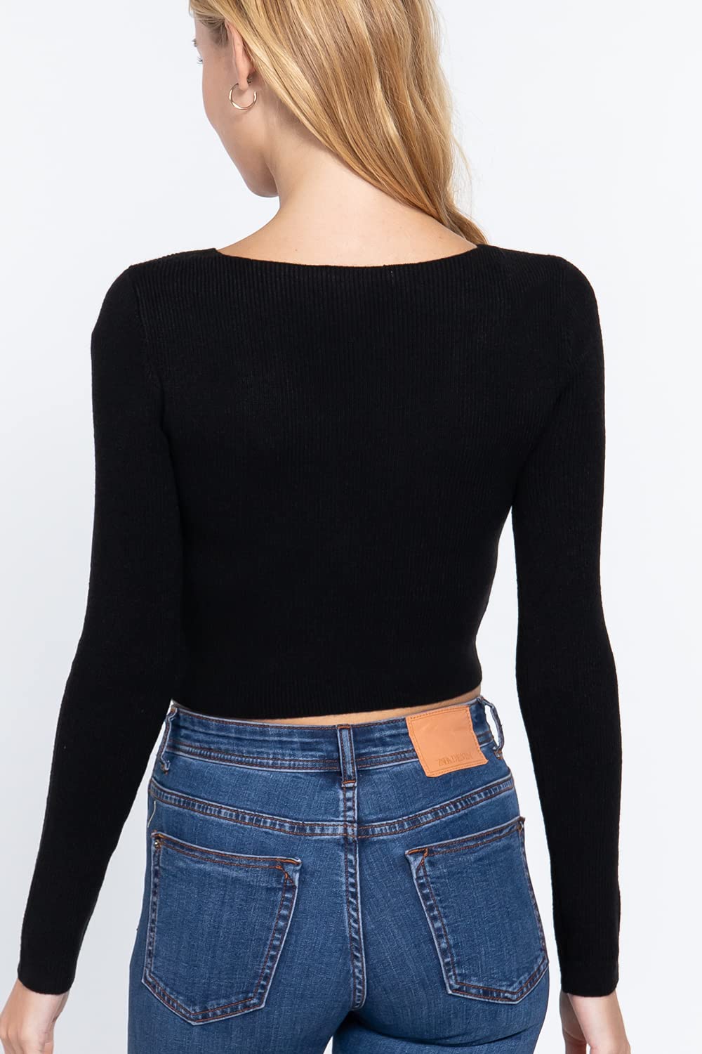 Women's Long Sleeve V Neck Front Knotted Detail Crop Sweater Top