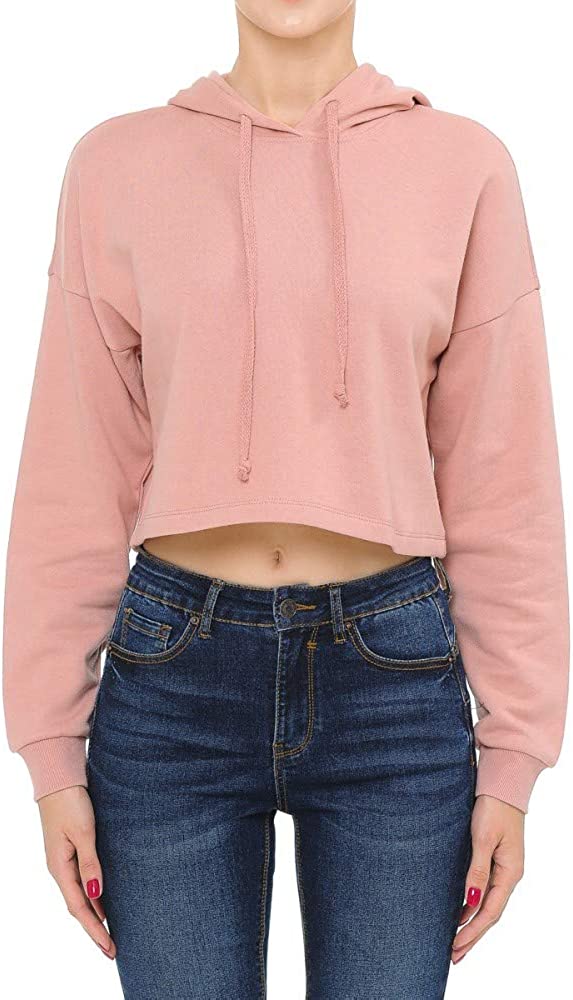 Women's Drawstring Cotton Blend Basic Cropped Fleece Pullover Hoodie