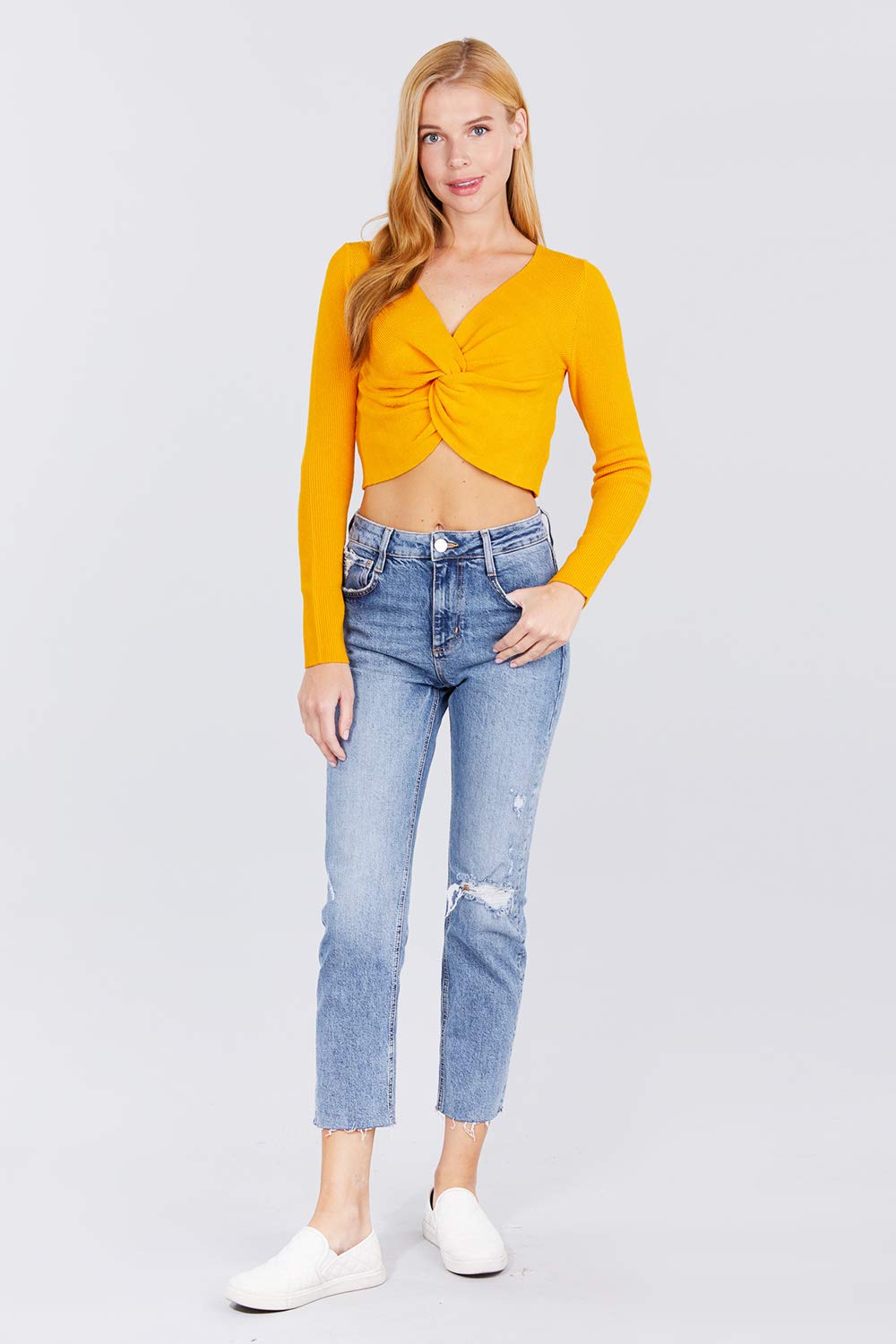 Women's Long Sleeve V Neck Front Knotted Detail Crop Sweater Top