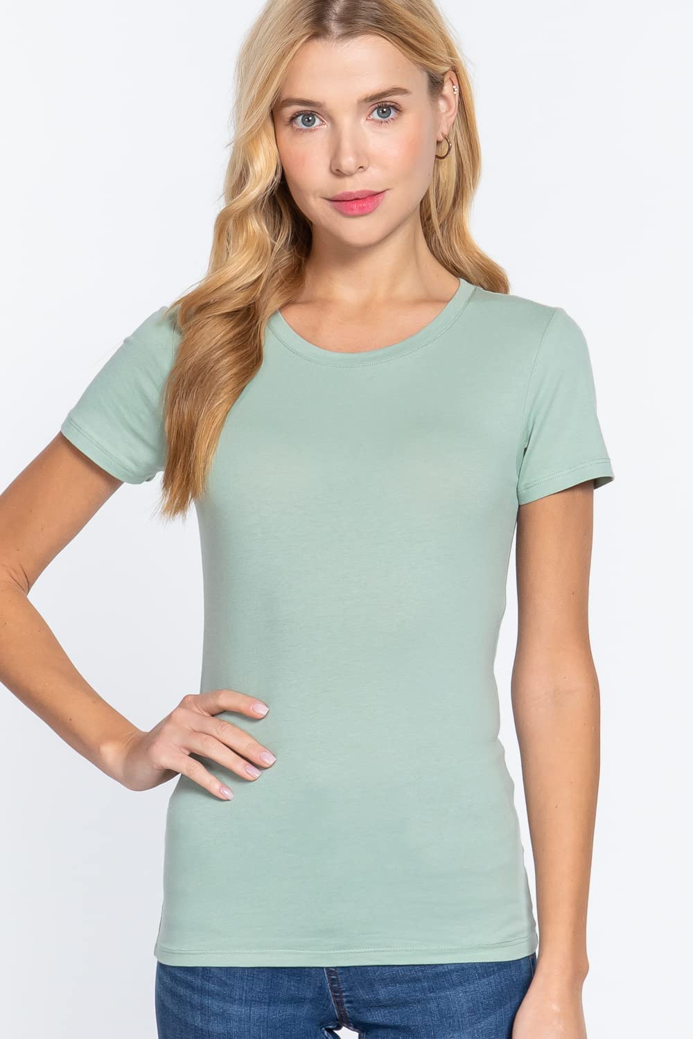 Khanomak Women's Short Sleeves Crew Neck Cotton Spandex Jersey Top