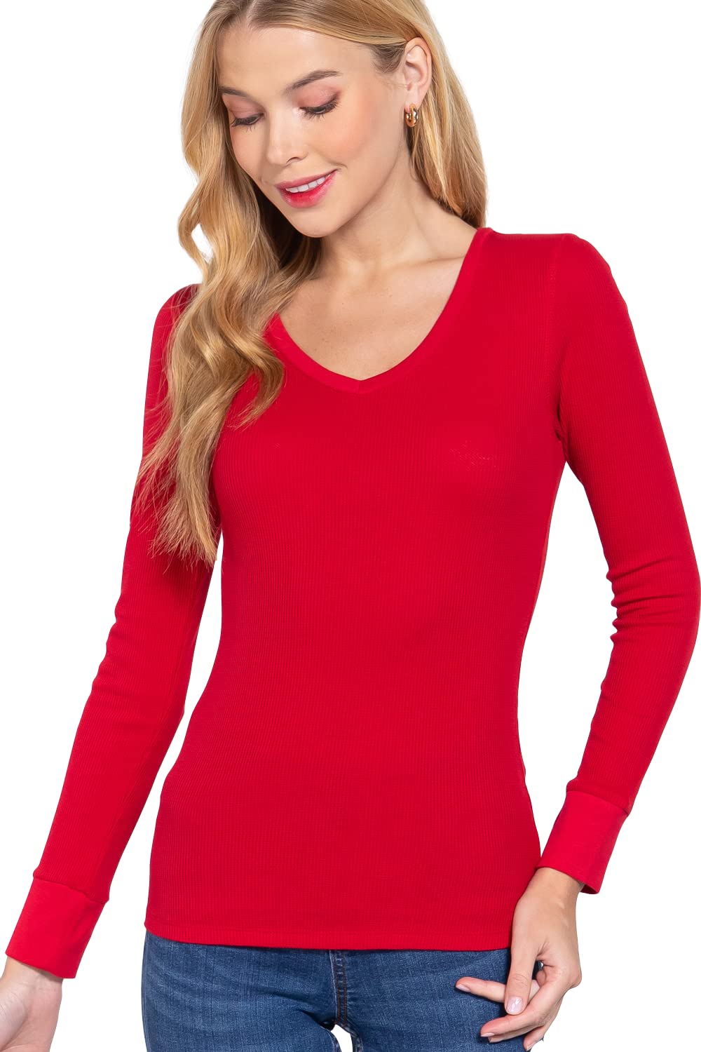 Cotton Blend Thermal V Neck Knit Top for Women Long Sleeves Khaki