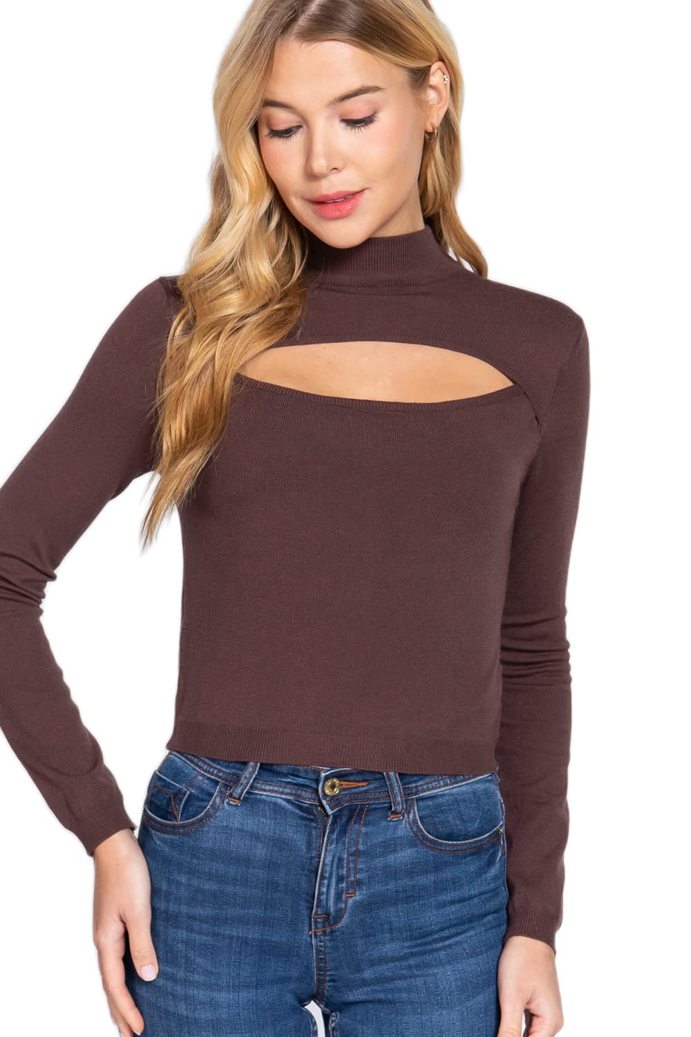 Women's Long Sleeves Mock Neck Front Cut Out Keyhole Sweater