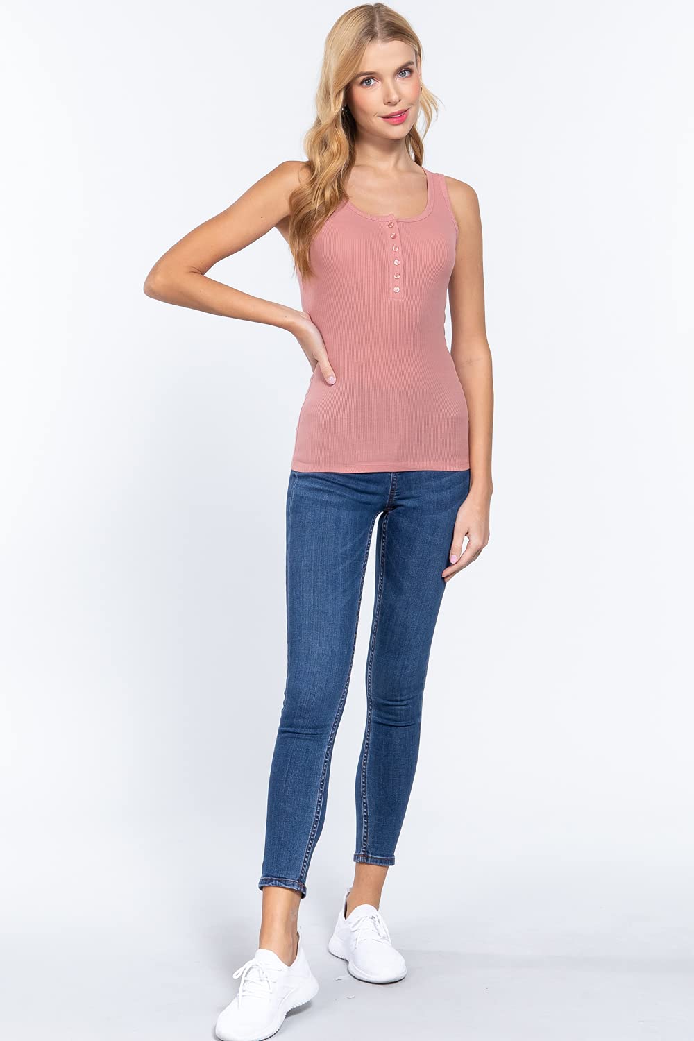 Women's Square Neck Button Down Placket Ribbed Tank Top