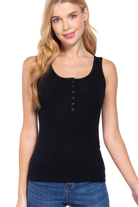 Women's Square Neck Button Down Placket Ribbed Tank Top