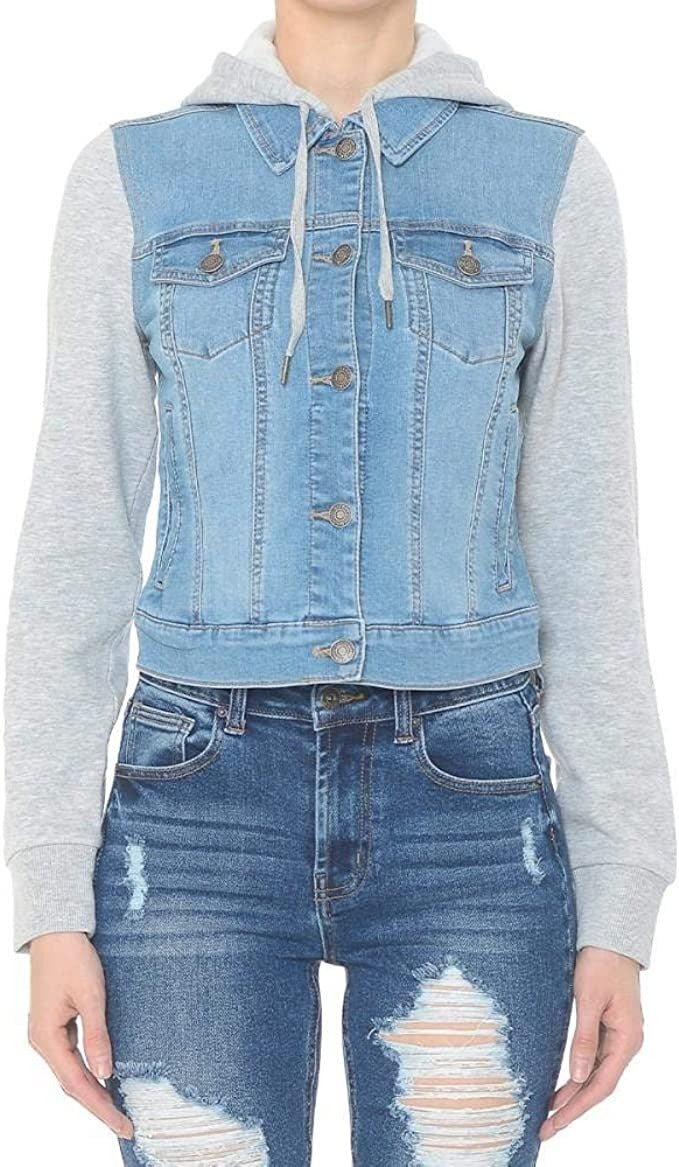Women Fleece Sleeve and Hood Denim Jacket