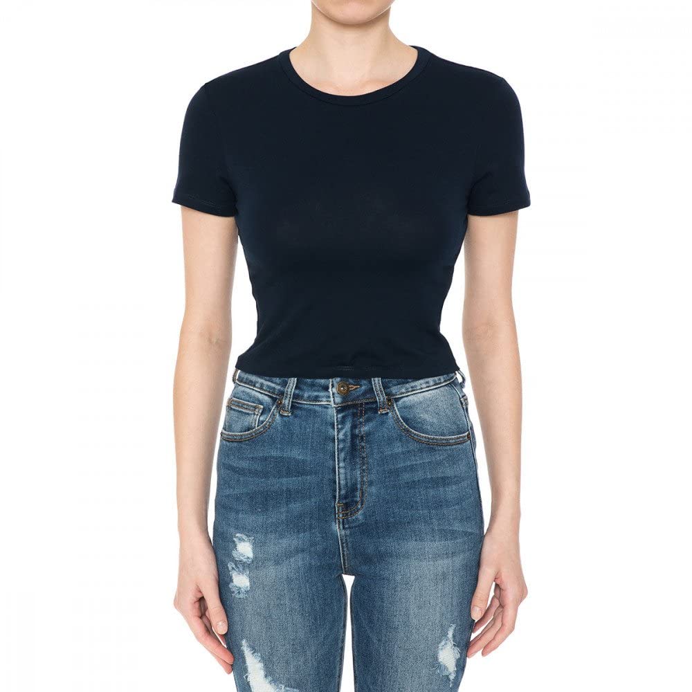 Khanomak Women's Crew Neck Short Sleeve Casual Summer Solid Workout Crop Tee