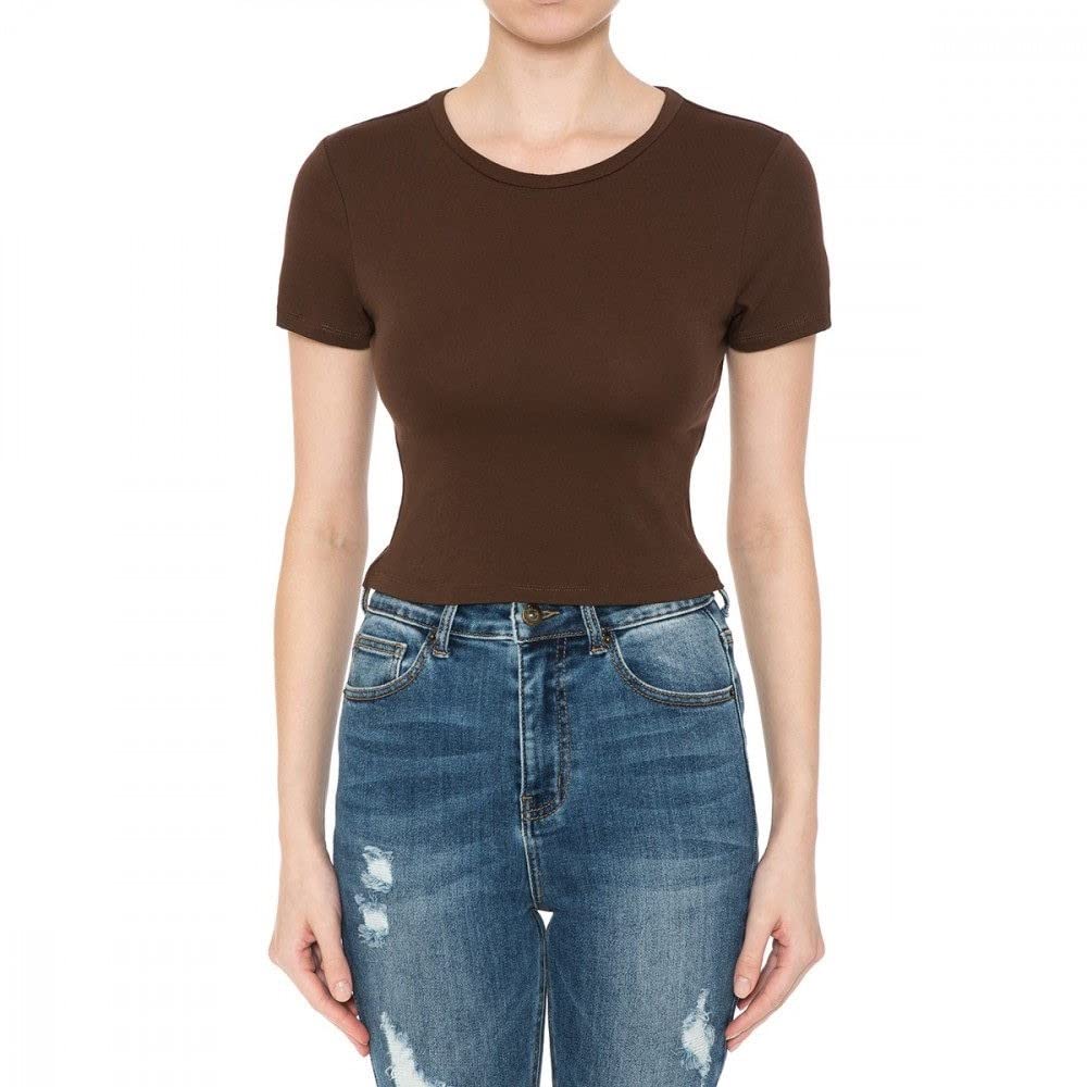 Khanomak Women's Crew Neck Short Sleeve Casual Summer Solid Workout Crop Tee