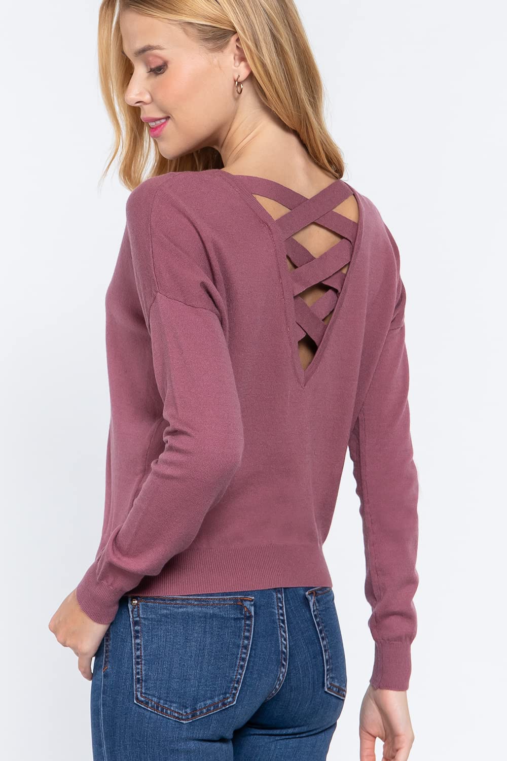 Women's Long Sleeve V-Neck Back Cross Strap Viscose Sweater Top