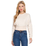 Women's Long Dolman Sleeve Crew Neck Waist Band Inner Fleece Terry Top