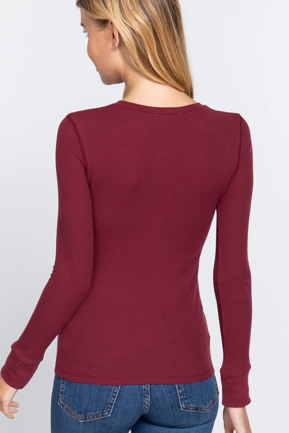 Women's Round Neck Long Sleeves Henley Thermal Knit Top
